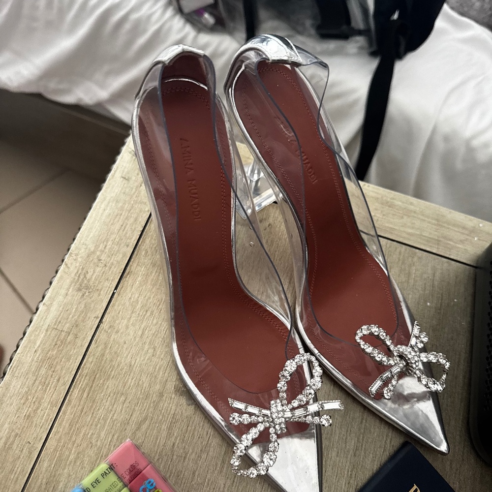 New Amina Muaddi Rosie 95mm Crystal Bow Glass Pumps  Size 38
